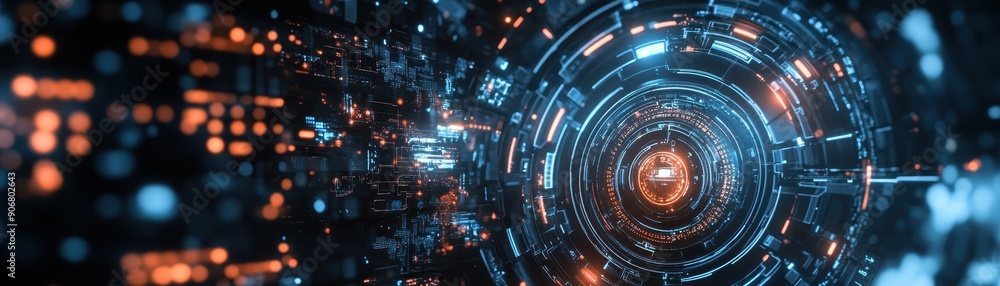 Aufkleber futuristic technology background featuring blue and orange lights in a circular pattern, signifying 