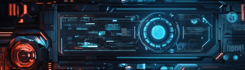 Futuristic digital interface with neon lights and holographic elements, perfect for sci-fi themed projects and technology presentations.