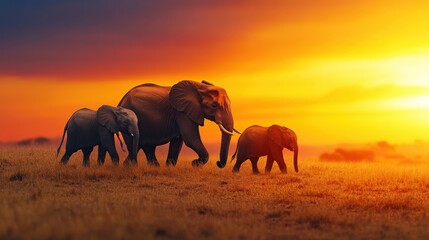 Fototapeta premium Three elephants walking in a field with a sunset in the background. The elephants are of different sizes, with the largest one in the middle and the smallest one on the left