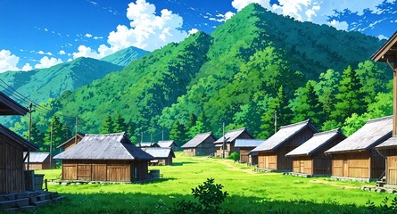 Fototapeta premium serene mountain village with huts background panoramic wide angle view anime cartoon