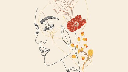Women face in one line art style with flowers and leaves.Continuous line art in elegant style for prints, tattoos, posters, textile, cards etc. Beautiful woman face Vector illustration