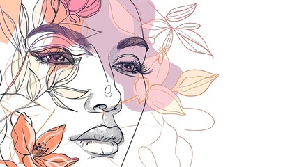 Women face in one line art style with flowers and leaves.Continuous line art in elegant style for prints, tattoos, posters, textile, cards etc. Beautiful woman face Vector illustration