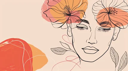 Tableau sur plexiglas Motifs linéaires Women face in one line art style with flowers and leaves.Continuous line art in elegant style for prints, tattoos, posters, textile, cards etc. Beautiful woman face Vector illustration  © Joel Valdez