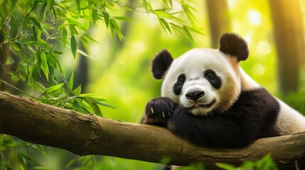 Fototapeta premium A panda bear is laying in the grass. The bear is smiling and he is relaxed