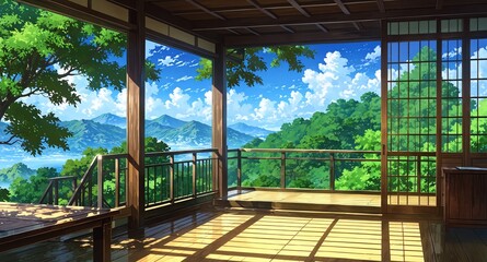 Fototapeta premium traditional japanese tea house background panoramic wide angle view anime cartoon