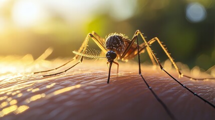 Photo of a tiger mosquito on skin. Dengue. Rain disease