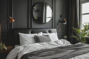 Black leather bed with white sheets and grey pillows in front of dark gray wall paneling, featuring large round mirror, vintage floor lamp, window, and wooden flooring in industrial style interior