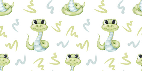 Cute green snakes. Hand drawn Watercolor seamless pattern. Print of baby reptile. Background with sign of New year 2025 for kid goods, textiles, fabric, scrapbook, office supplies