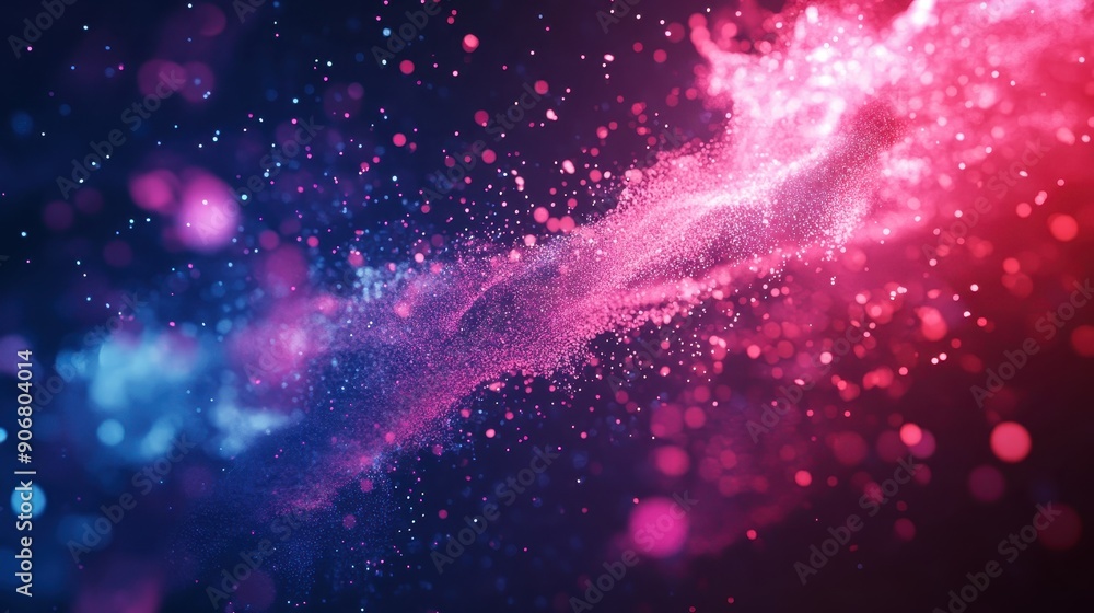 Poster dynamic abstract background with a mix of blue and pink particles creating a vibrant and energetic c