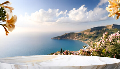 Marble Tabletop with Coastal Landscape and Flowers