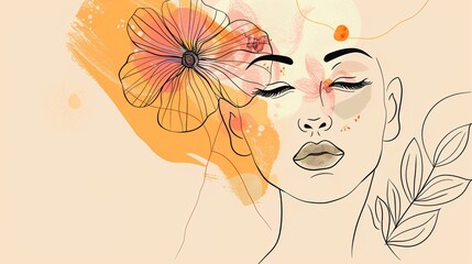 Women face in one line art style with flowers and leaves.Continuous line art in elegant style for prints, tattoos, posters, textile, cards etc. Beautiful woman face Vector illustration