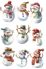 Watercolor snowman family with various hats and scarves, each with unique expressions, isolated on white background, cute cartoon