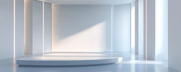 Minimalistic empty white room with round platform and abundant natural light. Spacious interior with clean lines and modern design.
