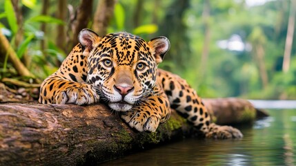 A jaguar is laying on a log in a river. The scene is peaceful and serene, with the baby jaguar looking out at the water