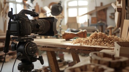 A camera is set up in a woodworking workshop, focused on a wooden carving surrounded by wood shavings and tools.