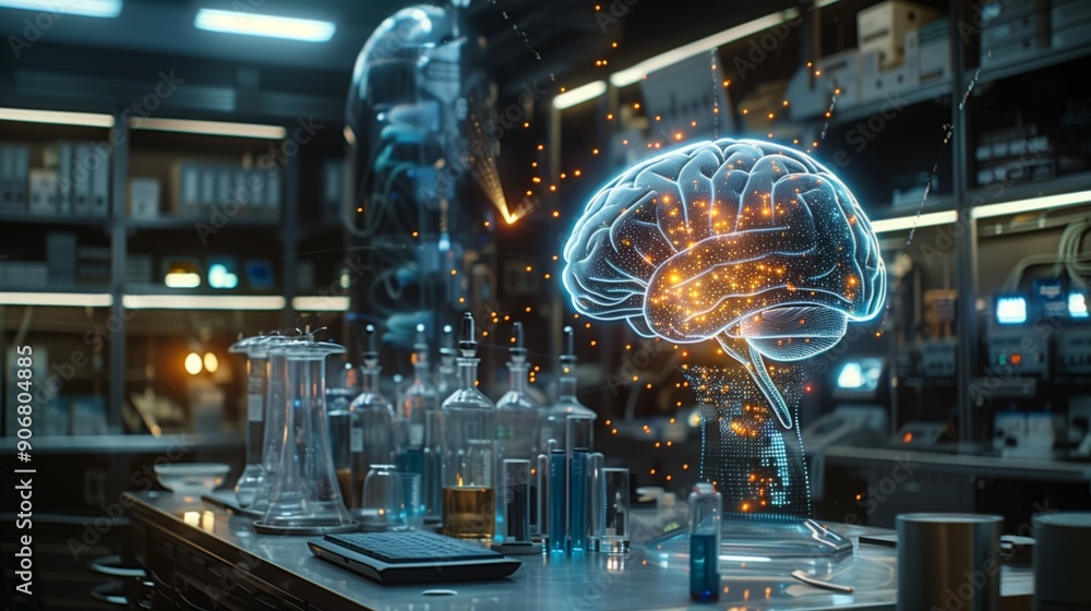 Poster a modern laboratory features advanced technology with holographic displays illustrating brain activi