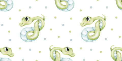 Cute green snakes curled into knot and dots. Watercolor kids seamless pattern. Hand drawn print of baby reptile. Background for kid goods, textiles, fabric, scrapbook, office supplies