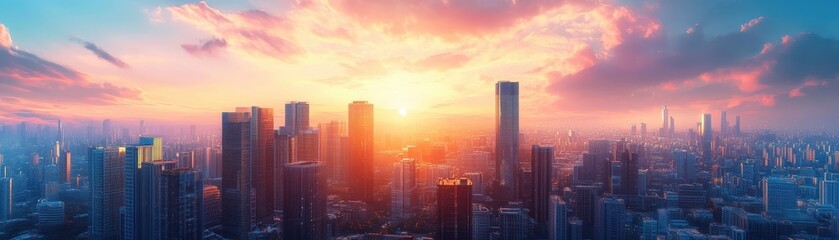 Fototapeta premium Stunning city skyline at sunset with colorful sky and tall buildings, perfect for backgrounds or urban-themed projects.