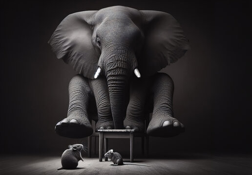 Ein Elefant steht auf einem Stuhl, er hat Angst vor der Maus