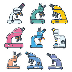 Set colorful microscopes, various designs laboratory equipment. Science research, biology chemistry laboratory optical instruments. Cartoon style microscopes illustration different angles colors