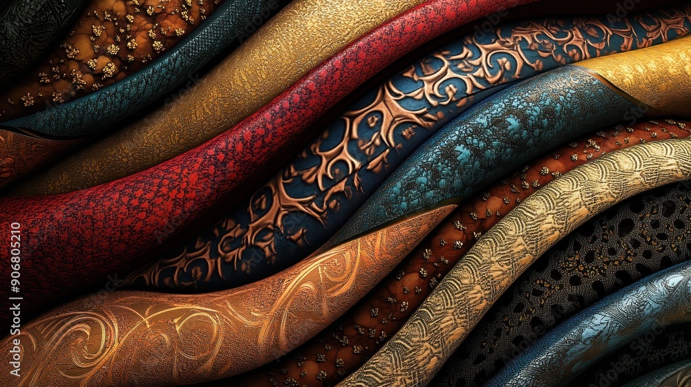 Poster colorful textured fabrics in an abstract wave pattern, featuring rich hues and intricate designs, pe