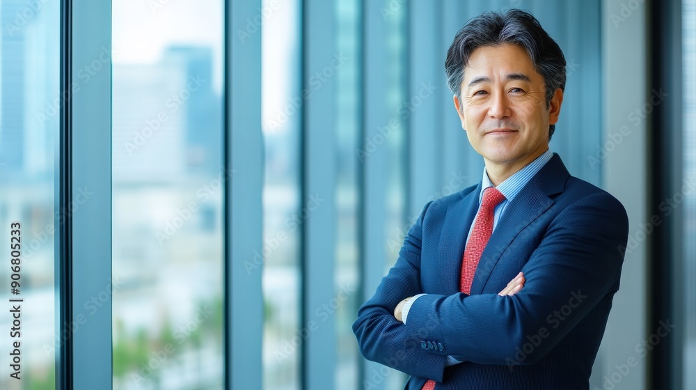 Poster a man in a suit and tie stands in front of a window with a city view. he is smiling and he is confid