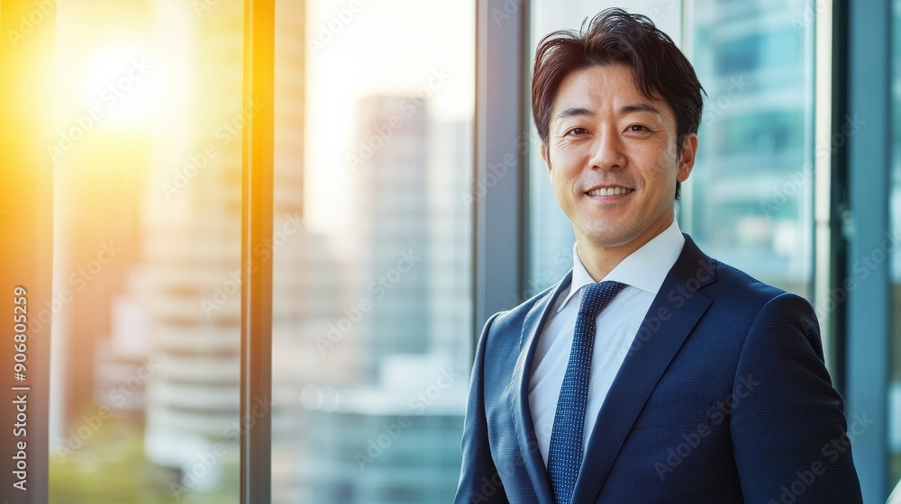 Poster a man in a suit and tie stands in front of a window with a city view. he is smiling and he is confid