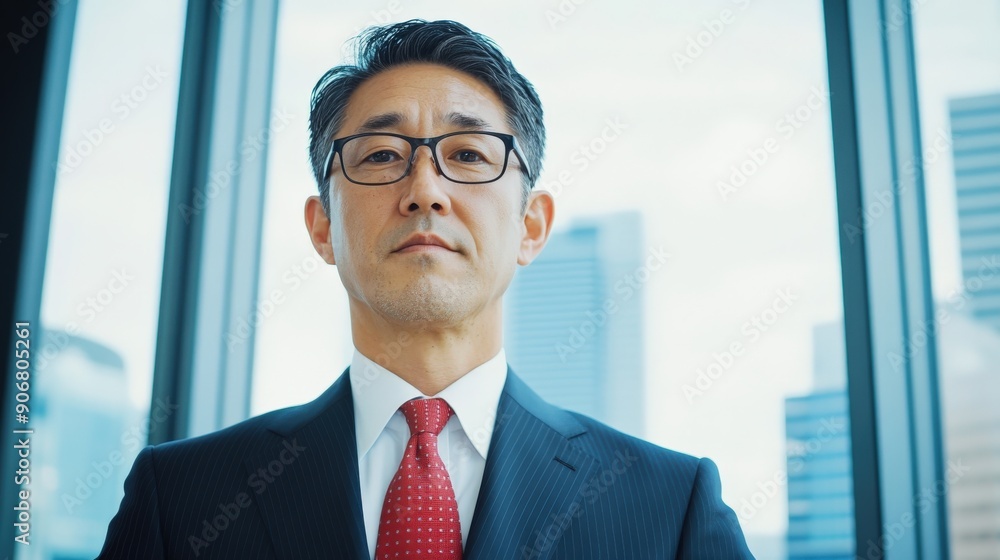 Poster a man in a suit and tie stands in front of a window with a city view. he is smiling and he is confid