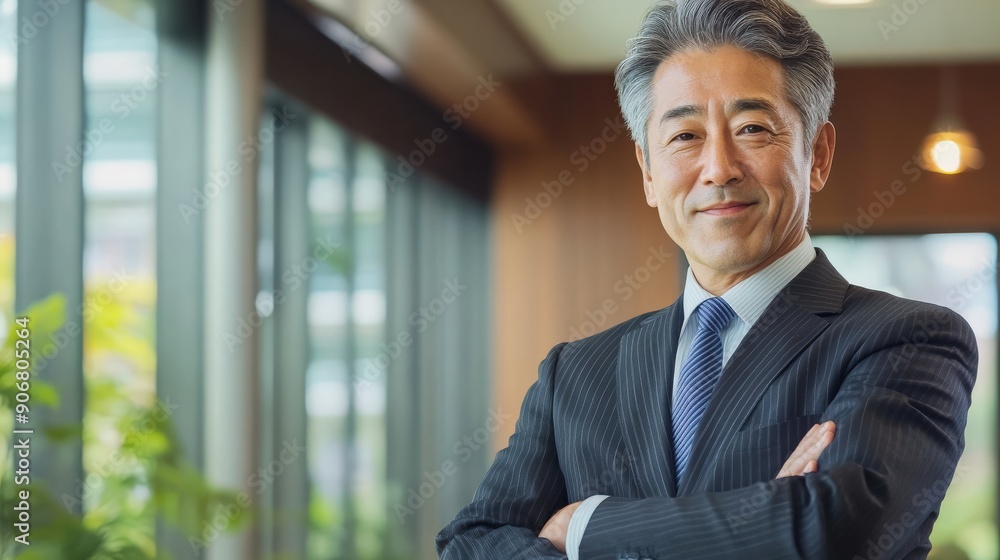 Poster a man in a suit and tie stands in front of a window with a city view. he is smiling and he is confid