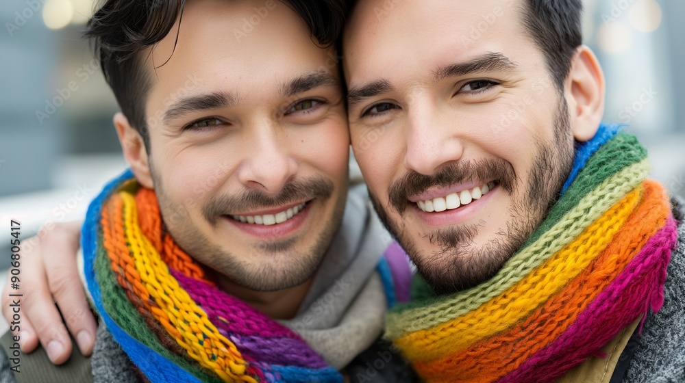Poster two men are smiling and hugging each other while wearing colorful scarves. concept of warmth and hap