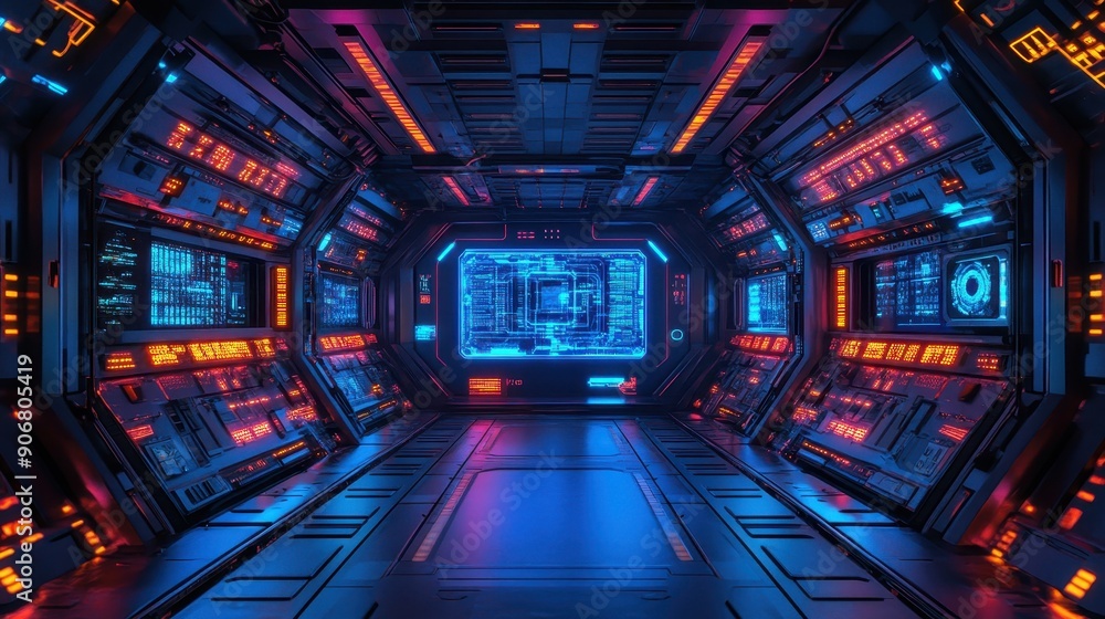 Aufkleber futuristic spaceship interior with glowing control panels and neon lights creating a high-tech atmos