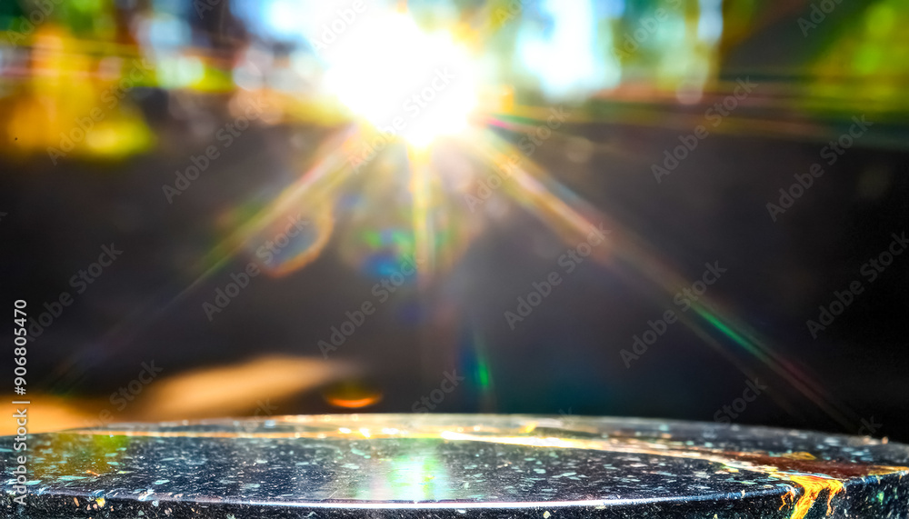 Poster sunlit tabletop with abstract bokeh background