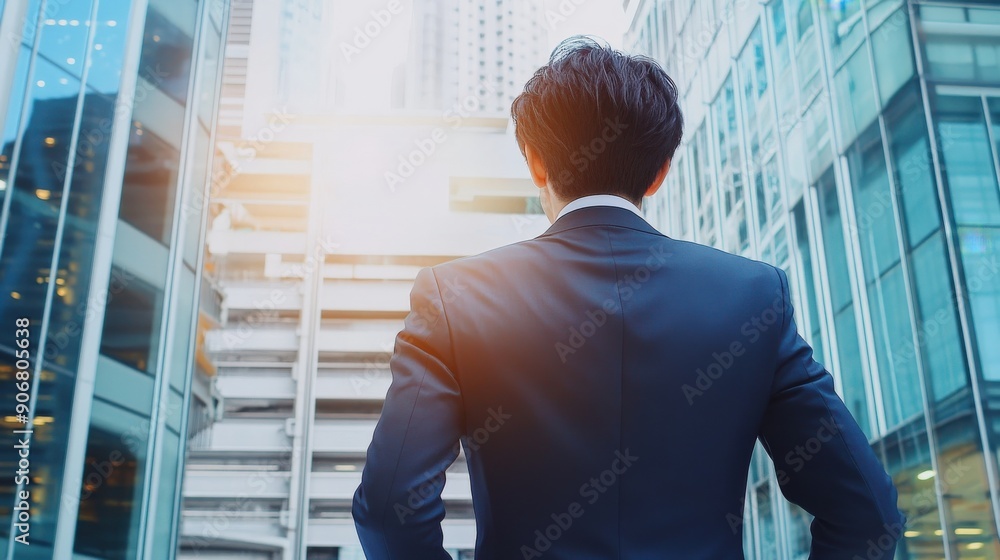 Poster a man in a suit is standing in front of a building with a bright sun shining on him. concept of prof
