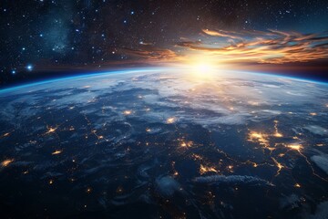 Breathtaking view of Earth from space, showcasing vibrant city lights and vast landscapes under starry skies, with a blue sun rising over the planet, photo-realistic