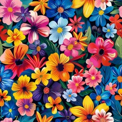 Seamless pattern with colorful flowers on dark background. illustration.