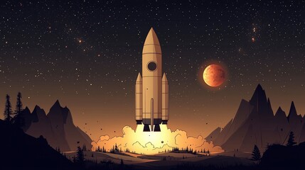 Naklejka premium Rocket Launch into the Night Sky