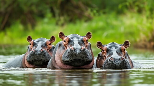 Three hippos are swimming in a lake. They are all smiling and looking at the camera. The scene is peaceful and serene, with the water reflecting the beauty of the hippos - Powered by Adobe
