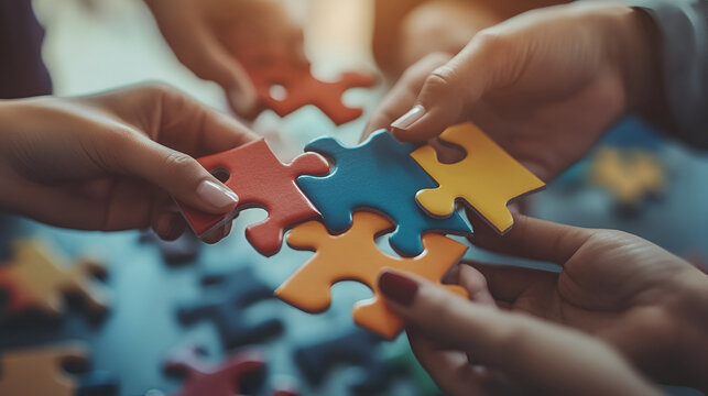 trabajo en equipo uniendo ideas uniendo las piezas del rompecabezas exito empresarial desafios en los negocios conexiones y cooperaci&oacute;n 