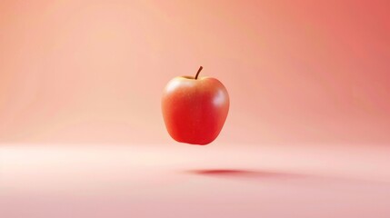 A single apple is suspended in mid-air against a soft pink background