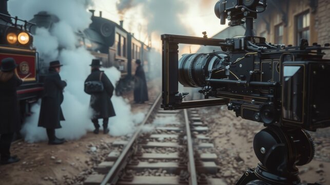 A vintage train station is bustling with activity as a crew films a historical scene amidst steam and dramatic lighting.