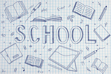 Back to school hand-drawn illustration. Outline school objects on a note page. School sign. Blue ink pen drawing of a 'school' word, notebook, tablet, pen, copy books, pencil, book, clips.Editable