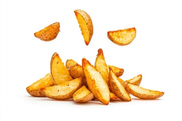 Falling fried Potato wedges, isolated on white background, full depth of field , ai