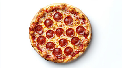 A pepperoni pizza is shown from above on a white background.
