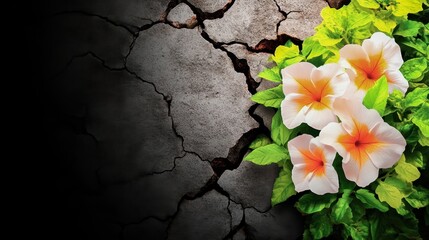 Vibrant flowers bloom against a cracked earth backdrop, symbolizing resilience and beauty in adversity.