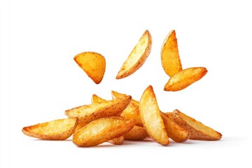 Falling fried Potato wedges, isolated on white background, full depth of field , ai