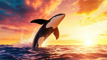 A black and white orca is leaping out of the water. The image has a mood of freedom and excitement, as the orca is in mid-air and he is enjoying its moment