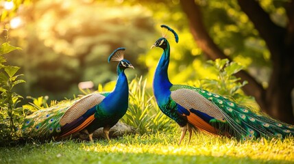 Two peacocks standing in a grassy field. The birds are facing each other and are surrounded by trees © Alice a.