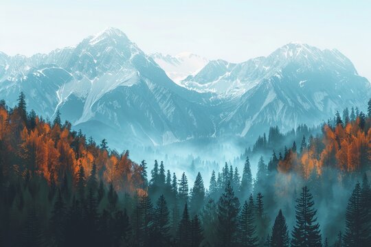 Breathtaking autumn alpine mountains panoramic view with forest in the foreground