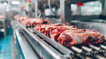 Raw Meat on a Conveyor Belt in a Factory
