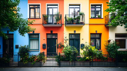 Fototapeta premium Colorful row houses with small gardens, creating a charming street view.